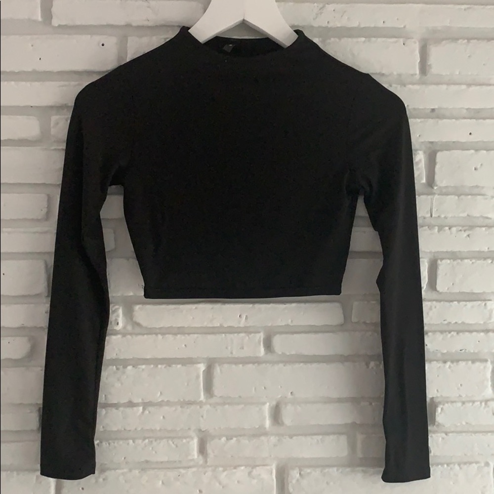Blanc Black Cropped High Neck Long Sleeve Top Minimalist Capsule XS